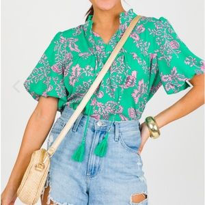 VOY Bubble Sleeve Floral Top Pink Green Tassel Ties Size Large NWT